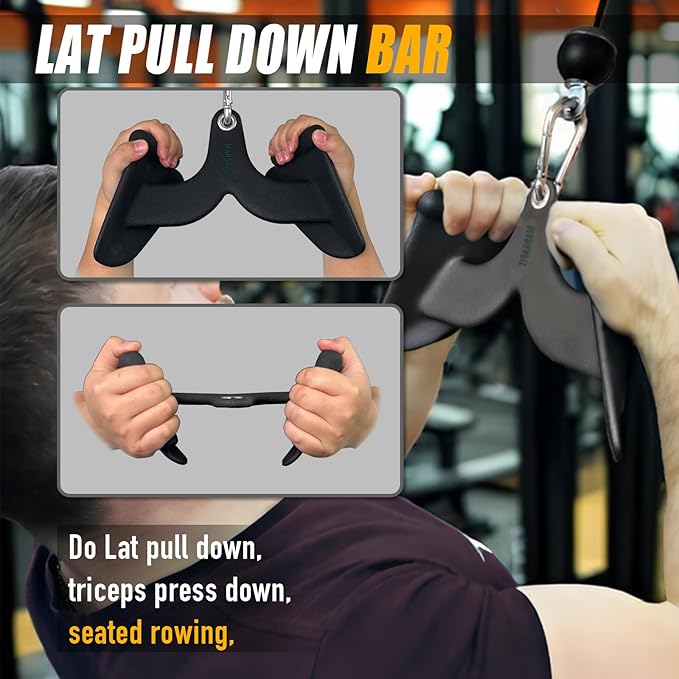 Home Gym Fitness Rowing T-bar V-bar Pulley Cable Machine Attachment, Bicep Curl Tricep LAT pulldown Bar Back Strength Training Handle Grips LAT Pull Down Bar for Seat Row Workout