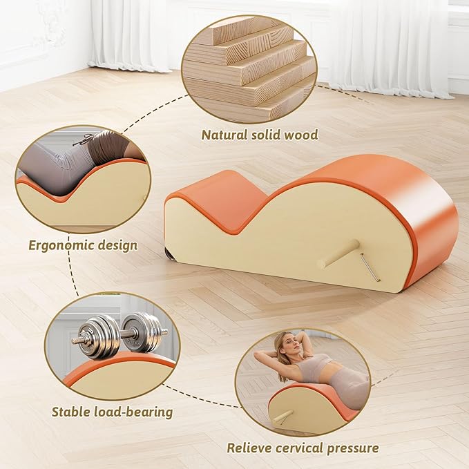Wooden Orange Pilates Arc with Spine Corrector for Core Strengthening Back Pain Relief, Pilates Spinal Corrector Arch Barrel for Back Flexibility，at Home Reformer Pilates Posture