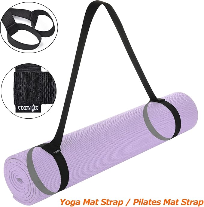 Cosmos Yoga Pilates Mat Strap - Looped Sling/Harness/Carrier Strap with Stretching Band Loops for Pilates, Exercises & Aerobics Mat Carrying - Soft & Durable Cotton, Black