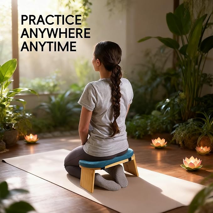 Natural Beech Wood Yoga Bench, Ergonomic Design for Kneeling, Meditation, Pilates, FSC Certified (Blue)
