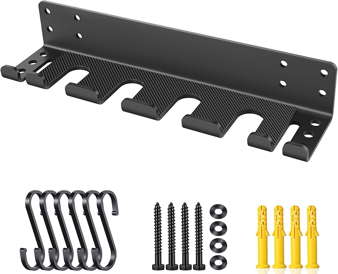 Heavy Duty Wall Mounted Barbell Holder, 5.8mm Thick Olympic Barbell Storage Rack with Hooks, Fits Bars Under 33mm, Space-Saving Home Gym Fitness Equipment Hanger