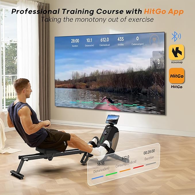 Magnetic Rowing Machine with 32-Level Electromagnetic Resistance, Dual Rail Design, Smart LED Feedback & App Integration, Foldable Quiet Rowing Rower for Home Gym
