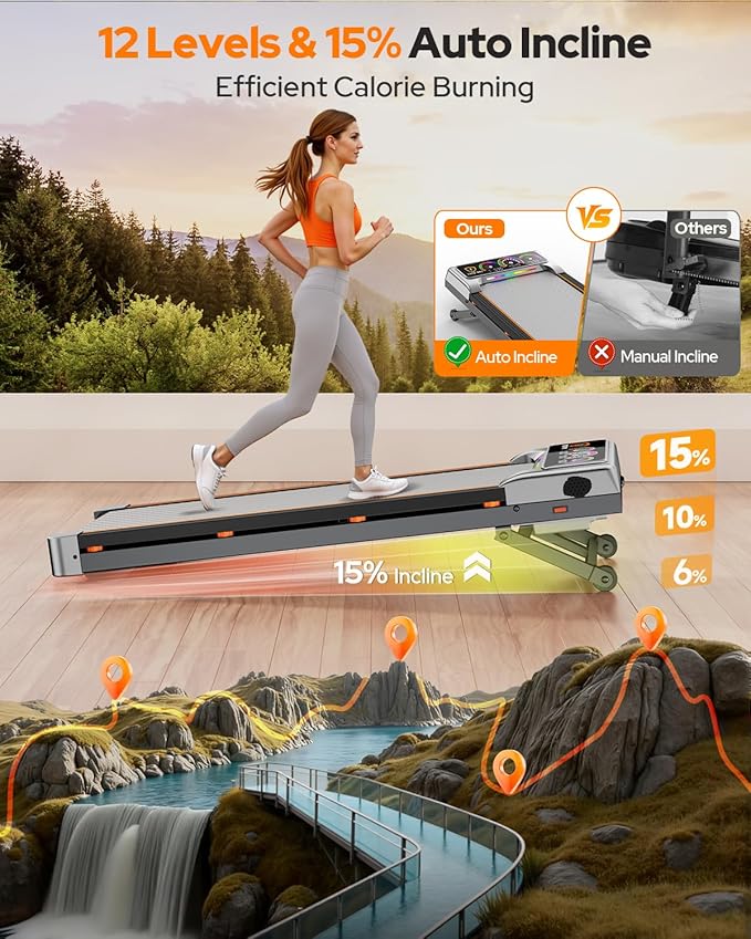 Walking Pad Treadmill with 15% 12-Level Auto Incline, 450 lbs Capacity RGB UI Screen, 3 in 1 Under Desk Treadmill, Bluetooth Speaker, 3.5HP Quiet Portable Treadmills for Home Hiking, APP & Remote
