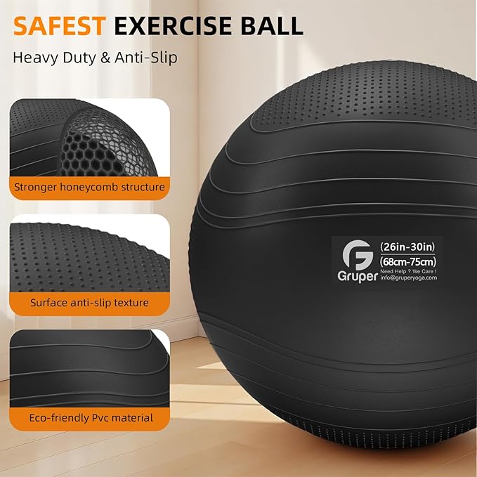 Gruper Yoga Ball, Extra Thick Non Slip Exercise Ball for Workout, Birthing, Balance, Stability, Pregnancy, 4 Sizes Anti Burst Chair for Home and Office, Includes Quick Pump & Fitness Guide