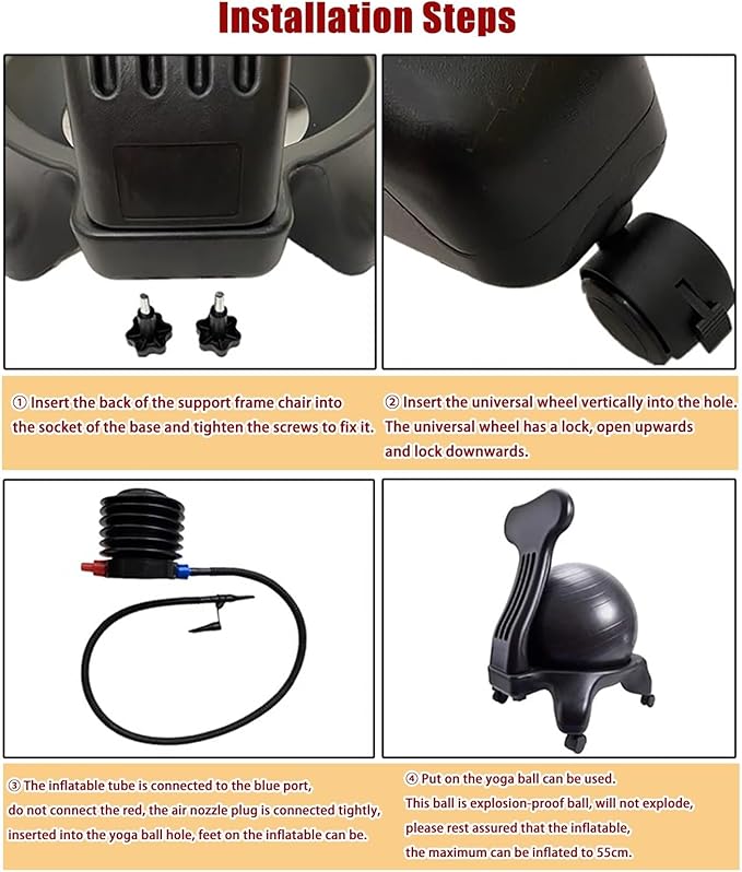 Adult Youth Balance Ball Posture Chair with Foot Pump, Ergonomic Office Chair Yoga Ball Chair, Home Gym Exercise Ball Chair Rolling Stool