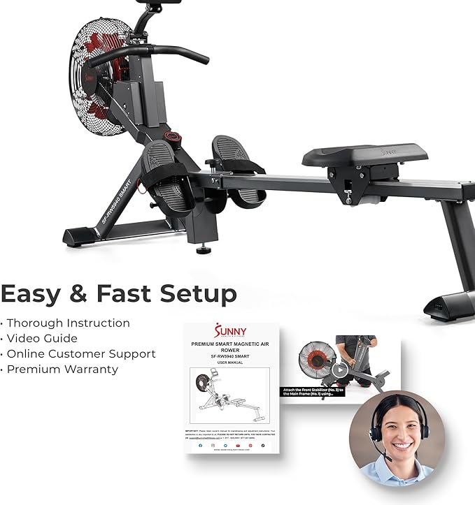 Sunny Health & Fitness Air Strive Smart Rower, Full-Body Training Rowing Machine with Spacious Inseam, Flip-Up Design for Home Gym, Free SunnyFit App Connection, Optional Dual Resistance