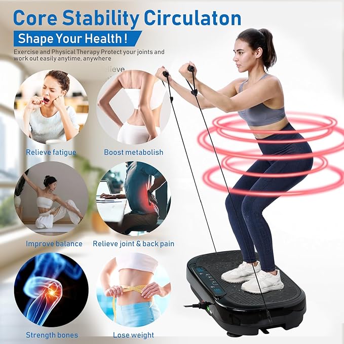 Vibration Plate Exercise Machine, 500 Lbs Capacity, with Bluetooth and LED Display, 999 Speeds Workout Vibrating Plate for Lymphatic Drainage Weight Loss, 4pc Loop Bands and 10pc Resistance Bands