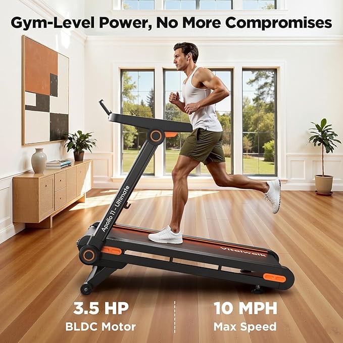 Foldable Treadmill with Auto Incline - Vitalwalk Commercial 48"x18" Wide Running Belt, 20% / 15% Incline, 10MPH, 3.5HP Brushless, Walking Pad Treadmill for Home, Auto Folding, No Installation, 350LBS