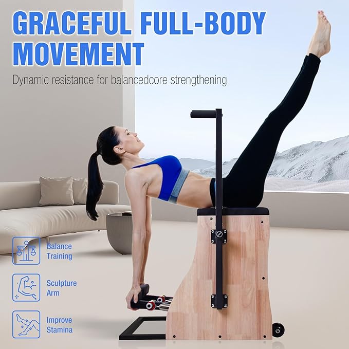 Pilates Stability Chair Split Pedal Fitness Reformer with Adjustable Springs,4-Level Resistance, Home Gym Equipment for Full-Body,Yoga & Core Training,Includes Non-Slip Socks, Ideal for Rehabilitation