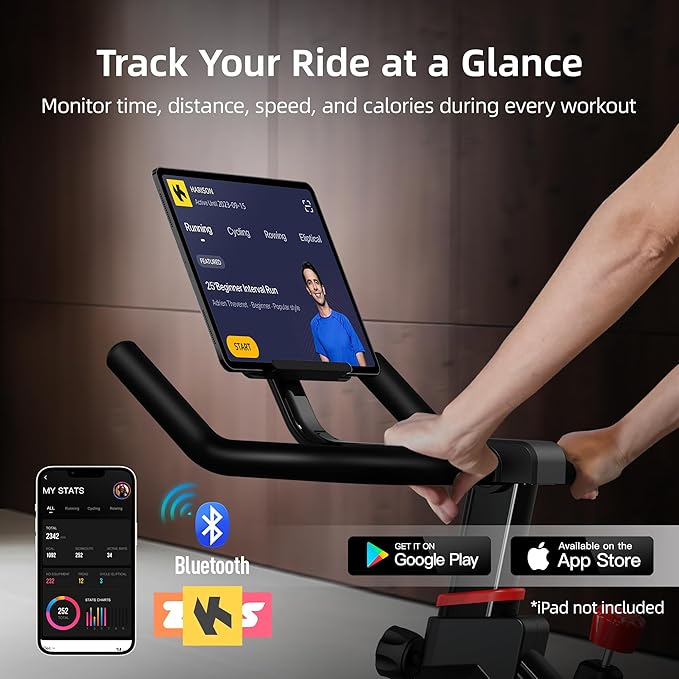 HARISON Exercise Bike, Magnetic Stationary Bike for Home, Quiet Dual-Belt Indoor Cycling Spin Bike, 380 lb Capacity, Adjustable Resistance, Push-to-Stop, 6-Level Handlebar, App Compatible