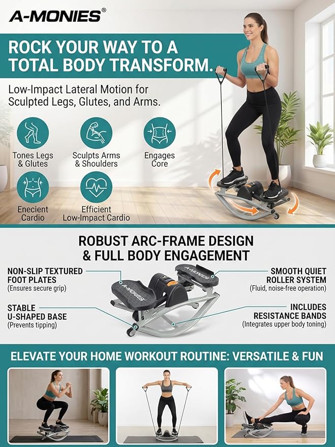 Lateral Rocking Fitness Stepper Home Workout Machine, Low-Impact Lateral Steppers for Knees and Joints, Portable Compact Side-to-Side Steppers for Legs, Glutes, Abs