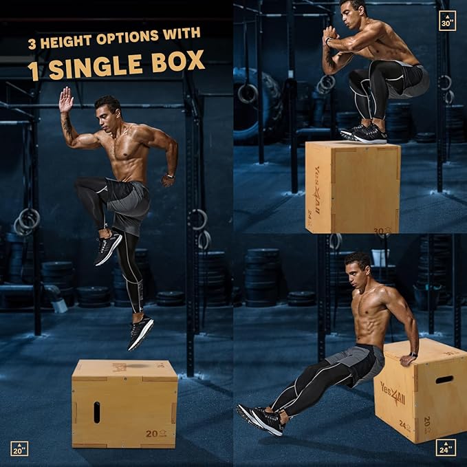 Yes4All Plyo Box, 3-in-1 Wooden Box Jumps for Home Gym, 450 lbs Boxes Step Up with Smooth Edges & Wide Built-in Handles for Jumping, Strength Training, Lunges, Squats, Dips