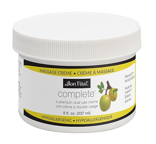 Bon Vital Complete Massage Creme, 8oz Jar, Unscented Non-Greasy Cream with Marula, Olive & Jojoba Oils, Hypoallergenic Moisturizer for Professional or Home Use, Premium Dual-Purpose, Massage Therapy