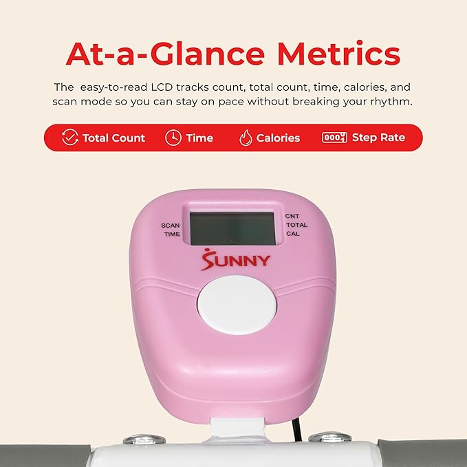 Sunny Health & Fitness Smart Foldable Cardio Stair Stepper, Vertical Climber with Extended Step Range, SunnyFit App Connection – Pink / White / Gray
