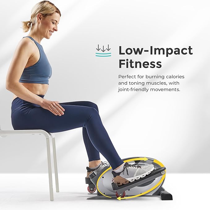 Sunny Health & Fitness Under Desk Elliptical Machine, Portable Sitting or Stand Peddler Exerciser for Seniors Home Office, SunnyFit App Access via Bluetooth with Optional Handlebar or Resistance Band