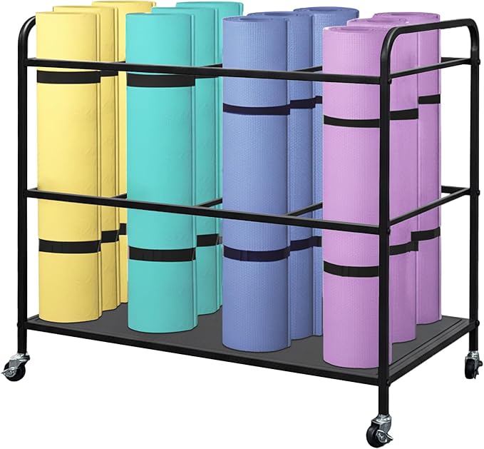 Yoga Mat Rack Storage Basket with Wheels,All-in-One Organizer for Yoga Mat Holder,Home Gym Equipment Storage Cart for Dumbbells, Kettlebells and Foam Rollers