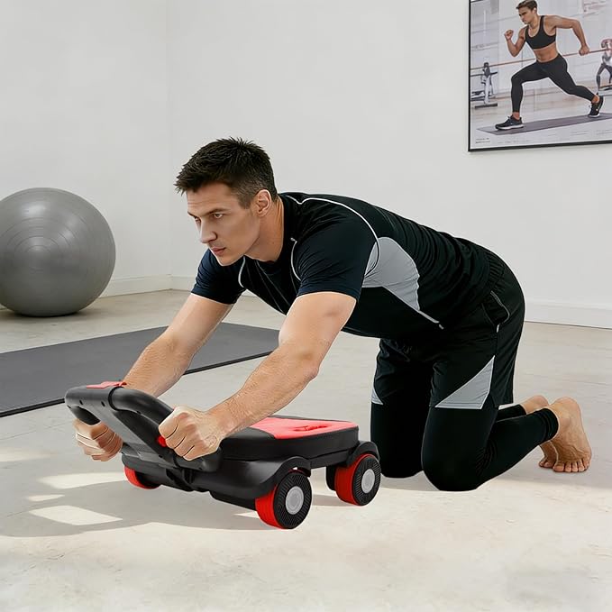 AB Roller Wheel, Four-Wheel Abdominal Roller with Elbow Support, 17.1x16.1in Abdominal Core Training 4 Wheel Roller Equipment, Foldable Dual Handles, Built-In Phone Holder