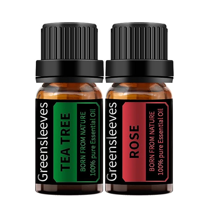 GREENSLEEVES Rose and Tea Tree Essential Oil Set, 2 x 10ml Pure Plant-Based Fragrance Oil for Aromatherapy, Essential Oils for Diffuser, Massage, Bath Bomb, Scented Candle Soap Making
