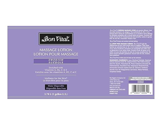 Bon Vital' Swedish Massage Lotion, 1 Gallon, Certified Organic Ingredients, Non-Greasy Natural Moisturizer, Pump-Compatible Bulk Size for Massage Therapy, Earth-Friendly Professional Spa Lotion