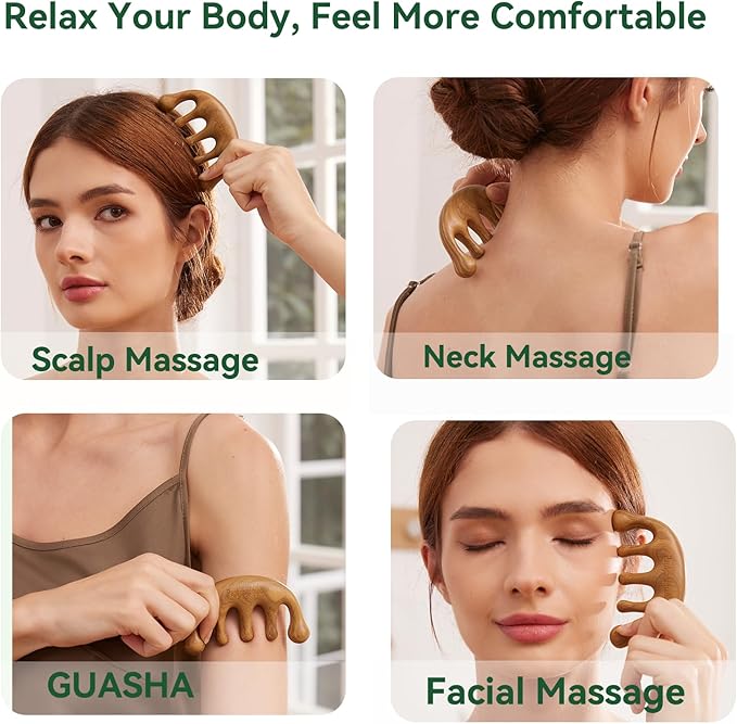 Natural Green Sandalwood Gua Sha Comb – Wooden Face, Scalp & Body Massage Tool, Multi-Point Manual Trigger & Pressure Point Massager, Travel-Size Relaxation & Self-Care Gift for Women & Men