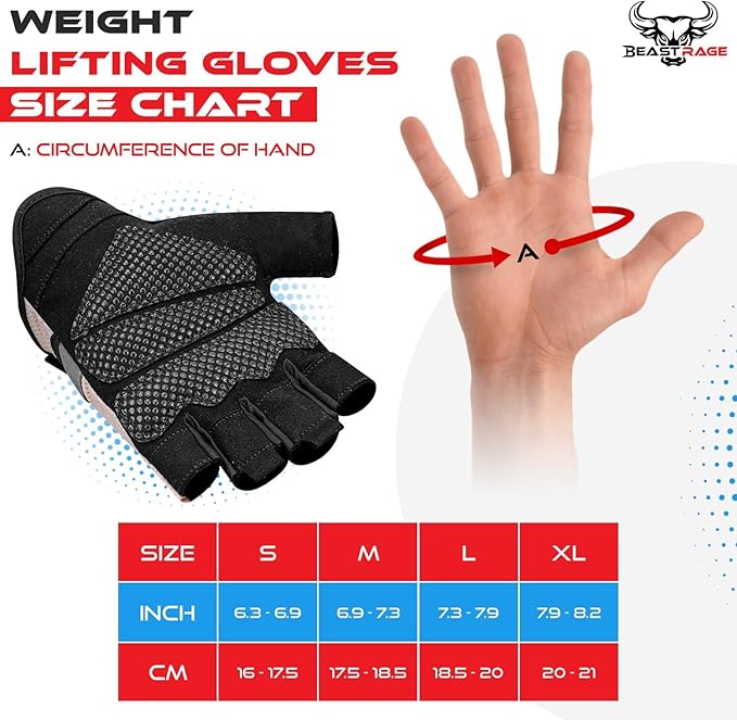 BEAST RAGE Fingerless Weight Lifting Gloves with Palm Protection Padding, Breathable Lightweight Gym Gloves for Men, Women, Weightlifting, Cycling, Exercise, Training Pull Up