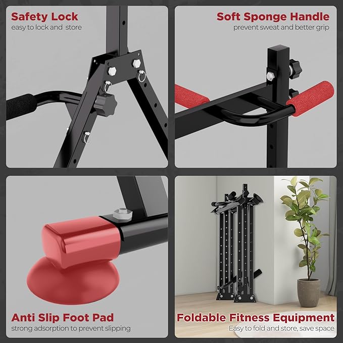 Folding Power Tower Dip Station Pull Up Bar, Multifunctional Pull Up Tower Adjustable Height, Triangular Structure Strength Training Workout Equipment for Home Gym Fitness