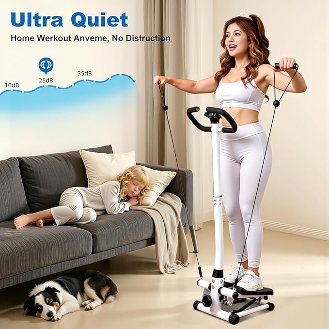 Steppers for Exercise at Home, Mini Stepper with Resistance Bands, Hydraulic Fitness Stepper with LCD Monitor, 360LBS Weight Capacity Portable Stair Stepper for Small Spaces