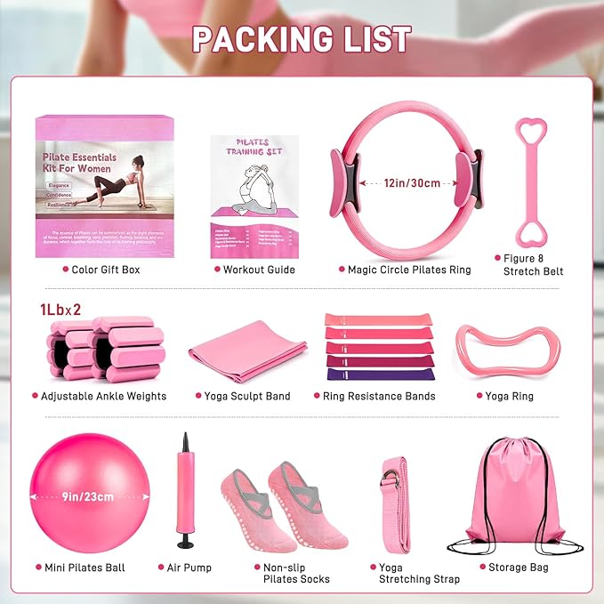 Pilates Ring Set 15 PCS, Home Pilates Essentials Kit for Women, 12" Pilates Ring and 9" Ball Set, Pilates Kit with Ankle Weights 2LB, Resistance Bands, for Toning & Better Me Gifts
