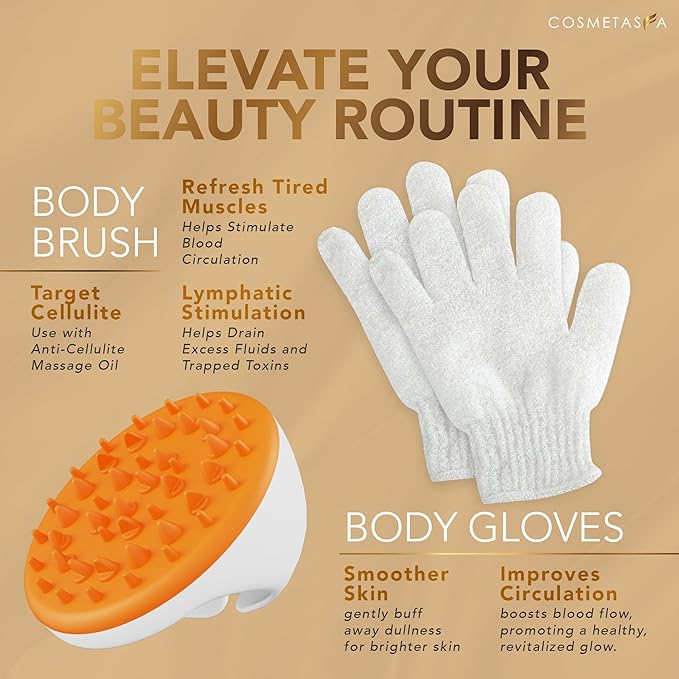 Cosmetasa Massage Oil Kit - Anti Cellulite Massage Oil with Organic Arabica Coffee Face & Body Scrub, Exfoliating Gloves, Massager Mitt - Body Massage Oil for Massage Therapy - Massage Oil Gift Set