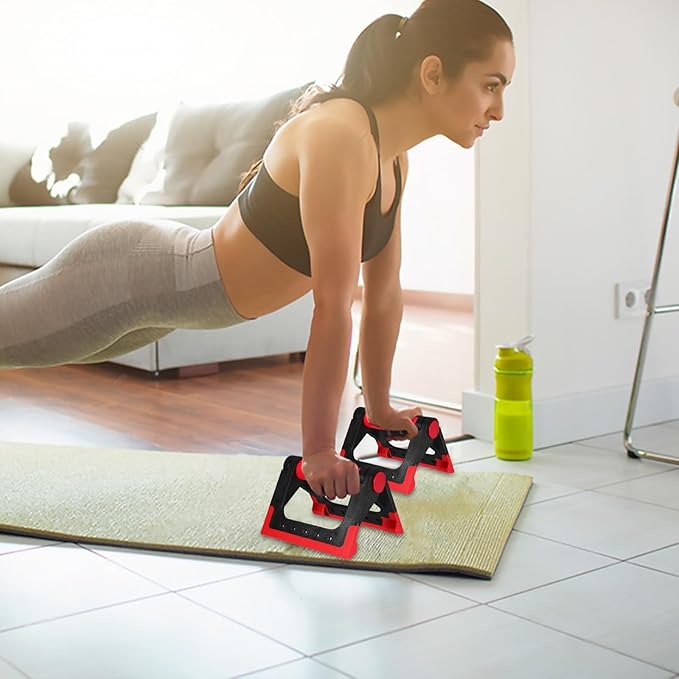 Rotating Push-up Bars Pair, Red Exercise Rack with Non-slip Pads for Home Fitness Strength Training, Push-up Stands for Men and Women Floor Workouts