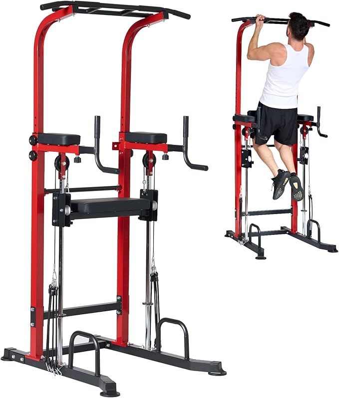 Dland Power Tower Dip Station Pull Up Bar Exercise Tower, Multifunctional Adjustable Height Training Equipment for Home Gym, Free Standing Assisted Fitness Workout Pullup Rack Station Machine