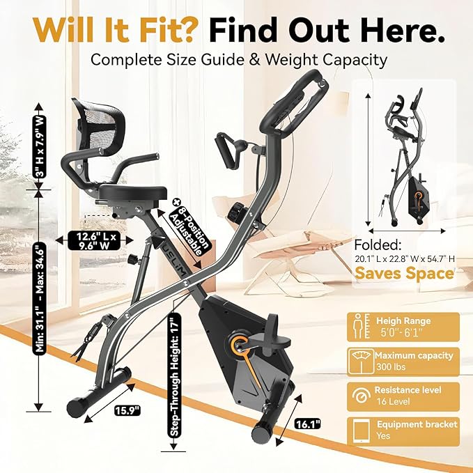 Foldable Exercise Bike Stationary Bikes for Home, 5 IN 1 Indoor Workout Bike, Cycling Bike with 16-Level Quiet Magnetic Resistance, 6.6 LBS Flywheel and 300LBS Capacity for Senior and Home Workout