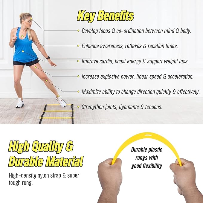 20ft Sports Agility Ladder for Men Women and Kids, Speed Youth Soccer Agility Training Equipment for Football, Exercise, Tennis, Legs Workout with Speed Parachute and Carry Bag