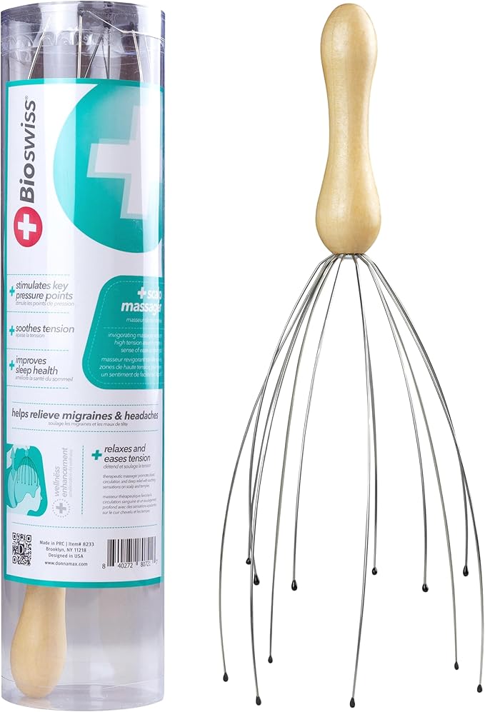BioSwiss Scalp Massager, Handheld Head and Temple Massage Tool for Relaxation and Hair Stimulation