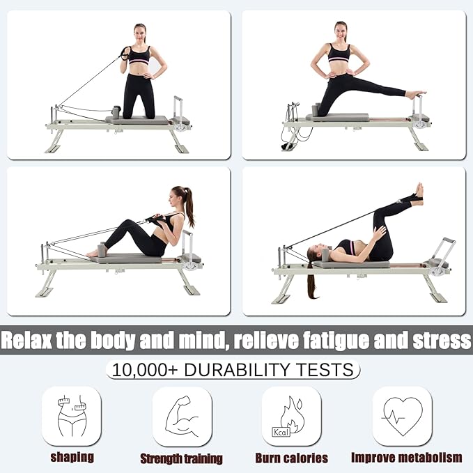 Pilates Reformer Machine，Grey Foldable Pilates Reformer Equipment Home Indoor Workout Machine，for Home Gym Cardio Fitness Personal Indoor Sport Apparatus
