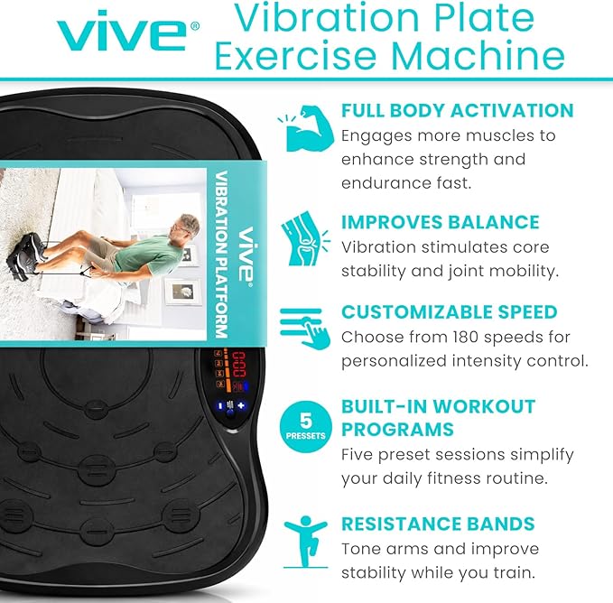 Vive Vibration Plate Exercise Machine - Shake Plate Vibration Platform with Resistance Exercise Bands - Lymphatic Drainage Machine for Shaping, Toning, Wellness, Recovery, and Weight Loss