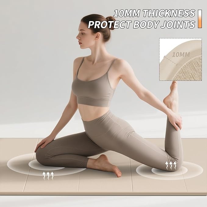 Foldable Fitness Yoga Mat | 2/5" (10MM) Extra Thick | SGS Certified Non-Slip TPE | 75x26" Extra Long-Wide | Portable & Easy Store | for Yoga, Pilates, Home Gym & Full-Body Workouts