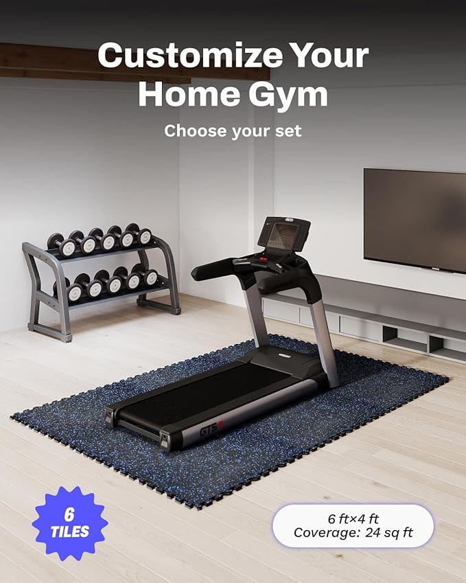 AIRHOP 0.79in Thick 24 Sq Ft Exercise Equipment Mats, 6 Tiles Upgraded Rubber Top with High Density EVA Foam, Large Interlocking Puzzle Gym Flooring for Home Gym, Heavy Weight Workout,Black & Blue