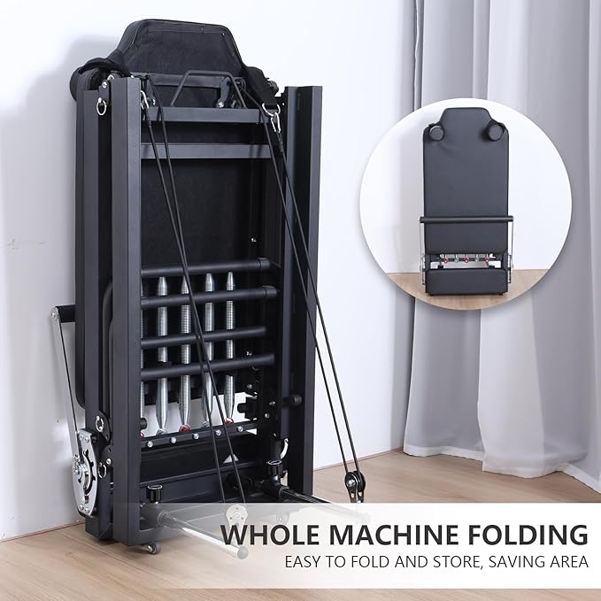 Foldable Pilates Reformer Machine, Home Fitness Equipment, Aluminum Sliding High Platform Design, 120kg Load-Bearing Portable Roller, 197cm Multifunctional Yoga Exerciser
