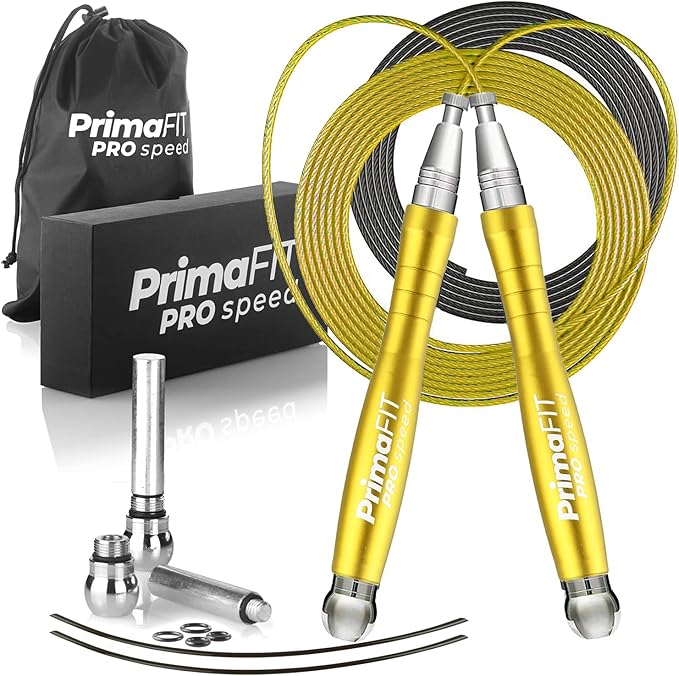 PrimaFIT Jump Rope Pro Speed Skipping Rope Adjustable Adult Jumping Rope Weighted Aluminium Handles for Double Dutch Boxing Workout Crossfit Exercise Fitness Spare Cable Weights Protectors Carry Bag