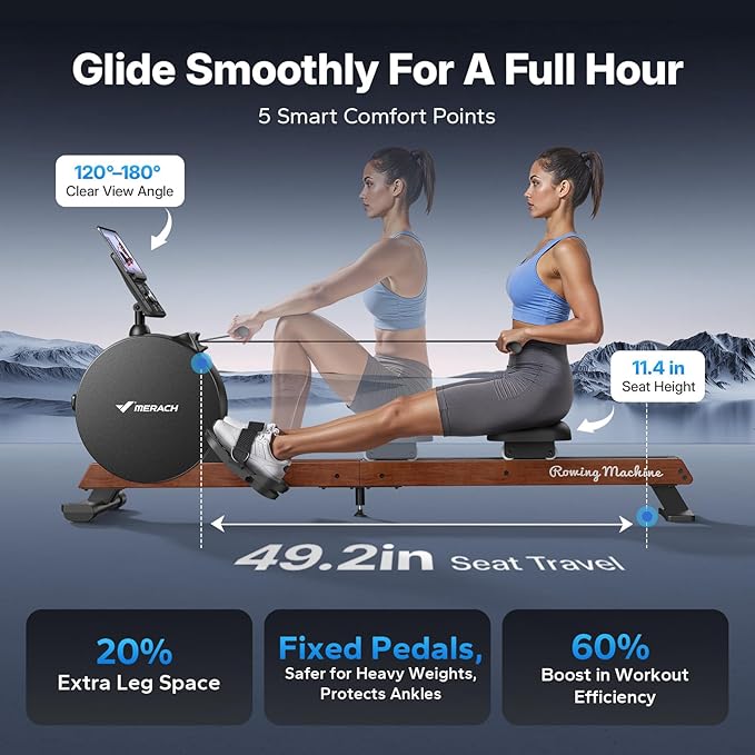 MERACH Pro-Grade Rowing Machines for Home, Smart Magnetic Rowing Machine with Self-Generation, Double Resistance and 400 LBS MAX Load, Wooden Tracks for Silent Sliding, MERACH App 1000+ Course & Games
