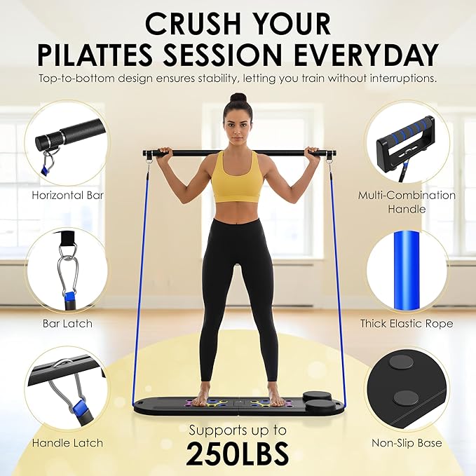 Pilates Reformer Board, 7-in-1 Foldable Pilates Board Kit with Timer, Guided Home Workouts w Resistance Bands & Ball - at Home Pilate Reformer AB Core Machine, Exercise Fitness Slider Equipment