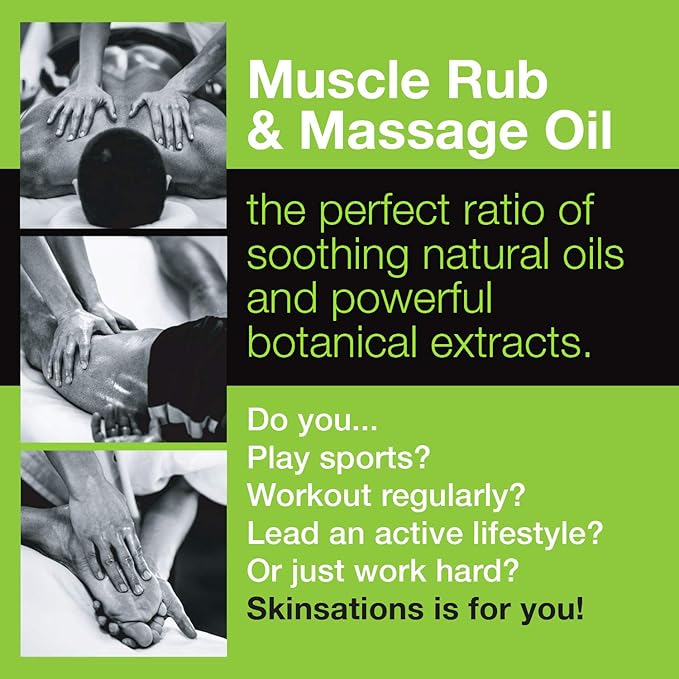 Skinsations - Hemp Massage Oil & Sore Muscle Rub – 100% Organic Relief with Arnica, Turmeric & 10 Essential Oils, Peppermint & Lavender in Sweet Almond & Hemp Seed Oil