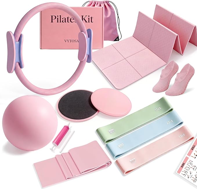Pilates Kit with Foldable Yoga Mat, Portable Home Workout Pilates Equipment, Lightweight Pilates Set for Travel & Small Spaces,14.5" Pilates Ring and Ball, Resistance Bands & Core Sliders, Pink
