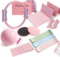 Pilates Kit with Foldable Yoga Mat, Portable Home Workout Pilates Equipment, Lightweight Pilates Set for Travel & Small Spaces,14.5" Pilates Ring and Ball, Resistance Bands & Core Sliders, Pink