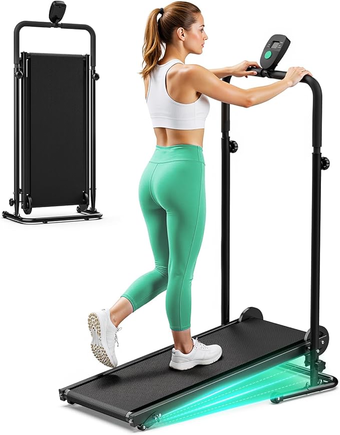 Non-Electric Treadmill with Dual Flywheel & Fixed Incline - Motorless Treadmill with LCD Monitor, Non-Slip Belt, Compact Foldable Design for Small Home/Gym Use, Soft Foam Grips for Walking/Jogging