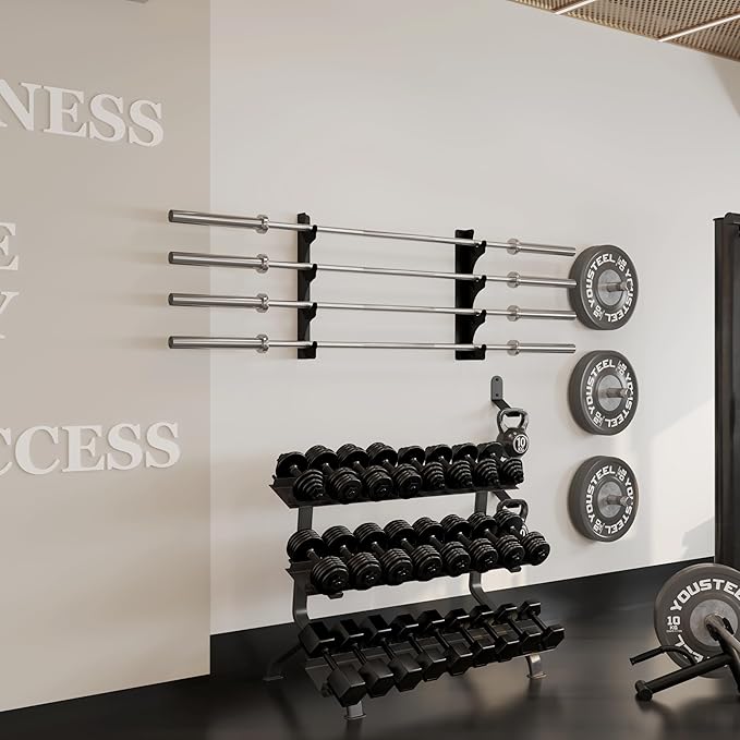Barbell Rack Single Hook Wall Mount Heavy Duty Vertical Barbell Holder Weight Bar Holder for Olympic Barbell, Curl bar, Commercial or Home Gym Accessory (4 bars)