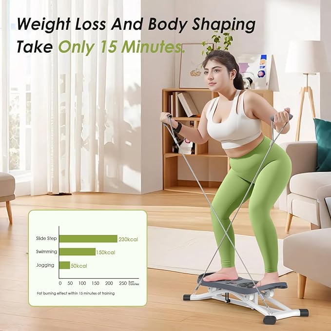 Slide Steppers Exercise for Home, Mini Stair Stepper with Resistance Bands, Full Body Workout Machine, Simulate Skiing Posture, 300 LBS Weight Capacity