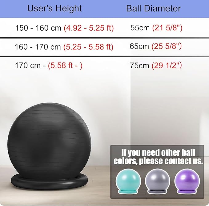 CMYUN Yoga Ball Chair Stability Ball Chair with Bands & Base, Sturdy Desk Ball Chair for Spine Alignment, Exercise Ball Seat for Yoga/Workout/Fitness/Pilates (Size : Diameter 75cm (29 1/2"))