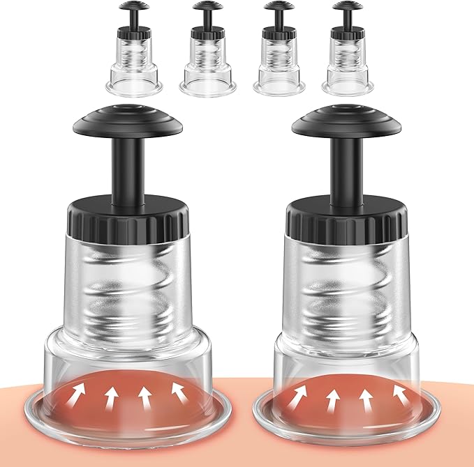 Cupping Kit for Massage Therapy, 2 Sizes Cupping Set, Unique Piston Design, Portable Massager for Studio & Home Use, Muscle Pain Relief, Myofascial Release, Cellulite Reduction (4 Pack)